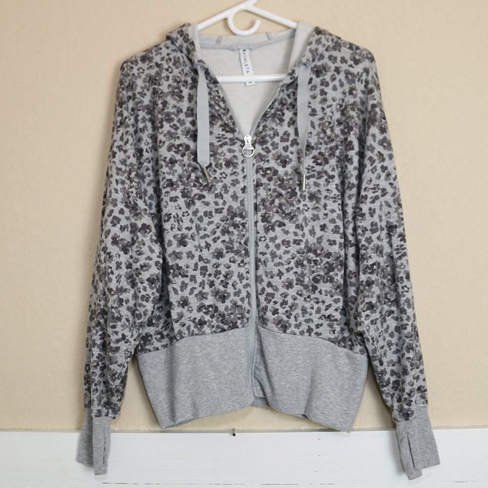 Athleta Floral Printed Gray Sweatshirt Hoodie Hooded Full Zip Womens Size Medium